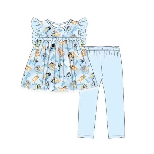 (Pre-order)GSPO1520 Cartoon Dog Tunic Top Blue Legging Pants Girls Clothes Set