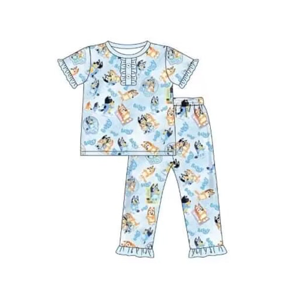 (Pre-order)GSPO1521 Blue Cartoon Dog Print Girls Pajamas Clothes Set