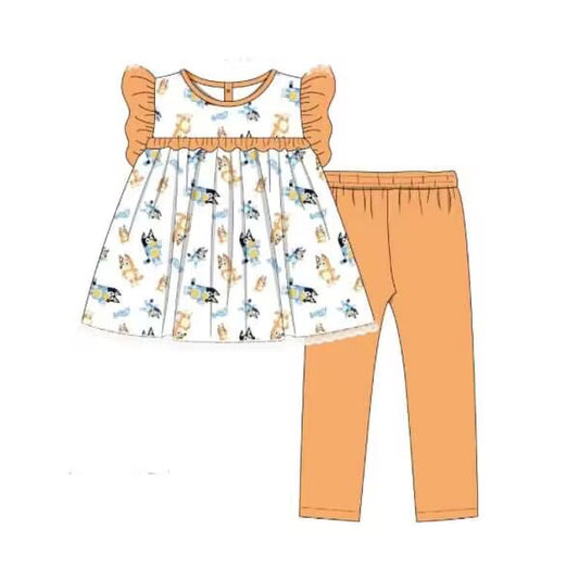 (Pre-order)GSPO1522 Cartoon Dog Tunic Top Orange Legging Pants Girls Clothes Set