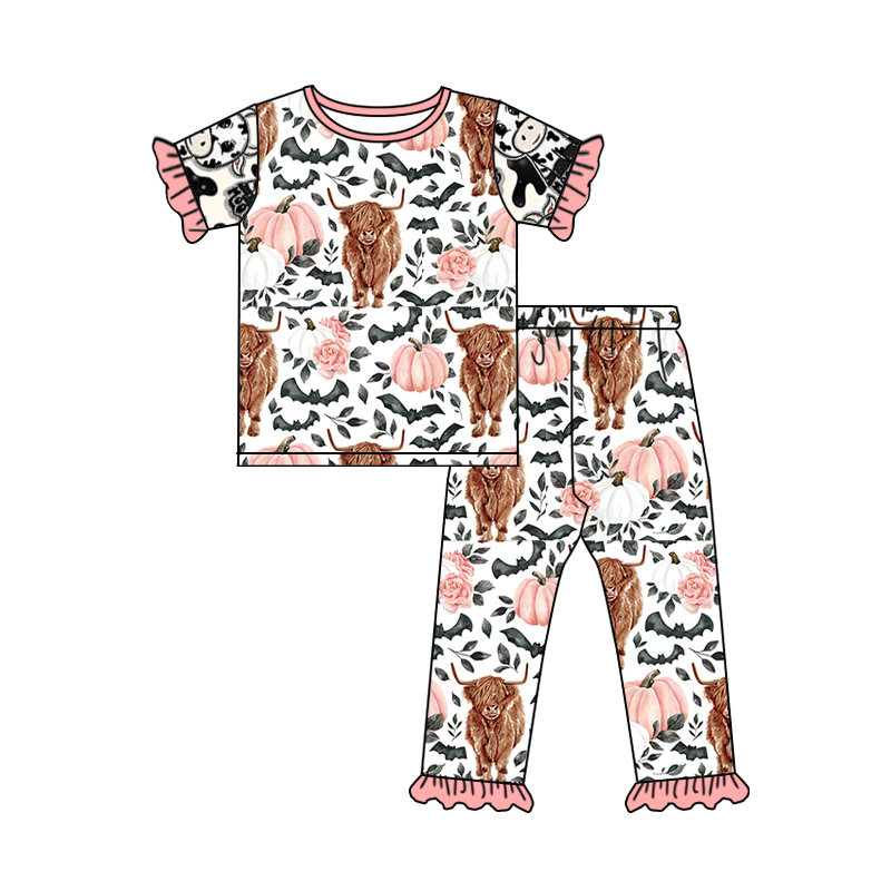 (Pre-order)GSPO1524 Highland Cow Pumpkin Print Girls Fall Pajamas Clothes Set