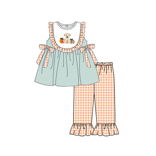 (Custom Design Preorder MOQ 5) Dog Pumpkin Tunic Top Plaid Pants Girls Fall Clothes Set
