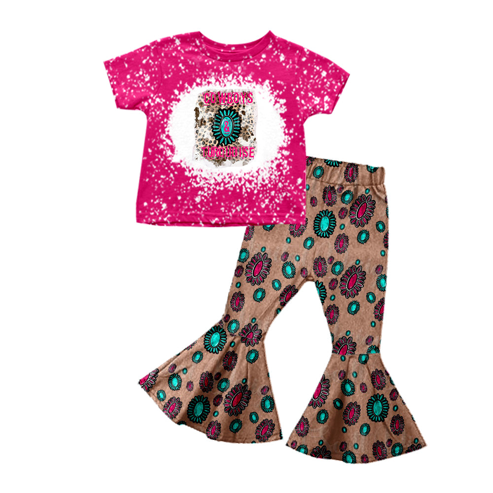 (Pre-order)GSPO1542 Cowboys Turquoise Print Girls Bell Pants Western Clothes Set