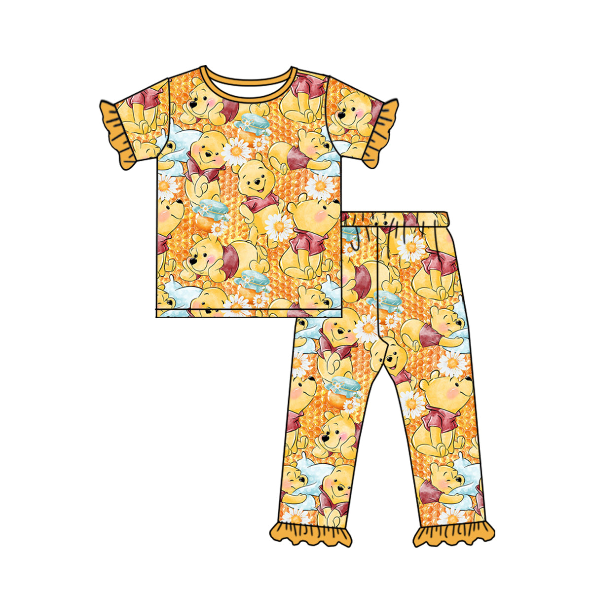 (Custom Design Preorder MOQ 5)Cartoon Bear Print Girls Pajamas Clothes Set