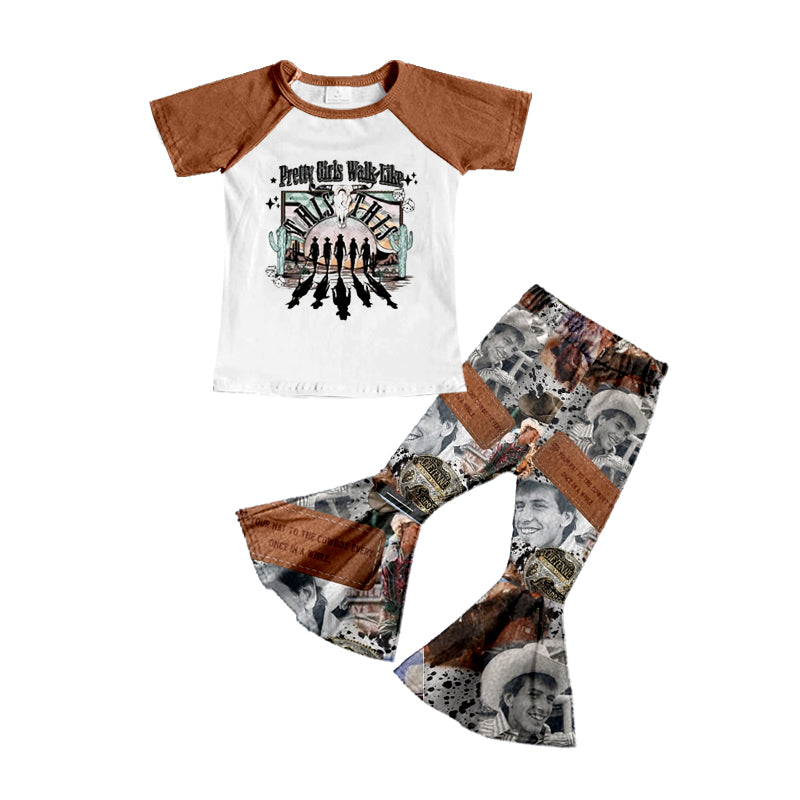 (Pre-order)GSPO1548 Country Singer Brown Print Girls Bell Pants Clothes Set