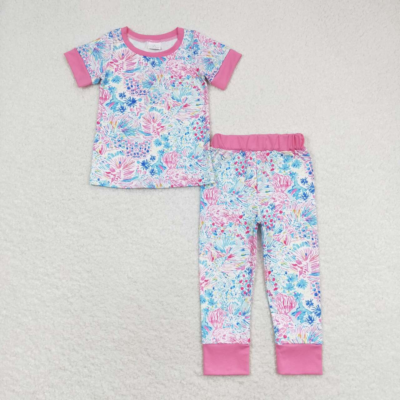 GSPO1550 Colorful Water Flowers Searweed Print Girls Pajamas Clothes Set