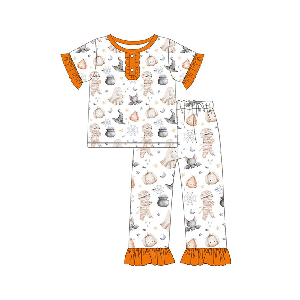 (Pre-order)GSPO1560 Pumpkin Bat Ghost Hat Print Girls Halloween Pajamas Clothes Set