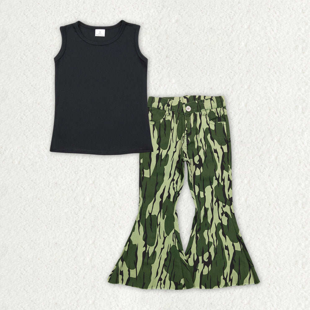 GSPO1562 Black Sleeveless Top Green Camo Bell Jeans Girls Clothes Set