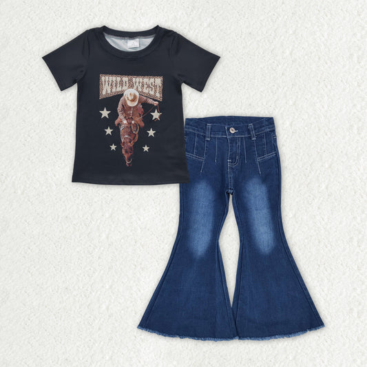 GSPO1563 Black Wild West Top Blue Camo Bell Jeans Girls Western Clothes Set