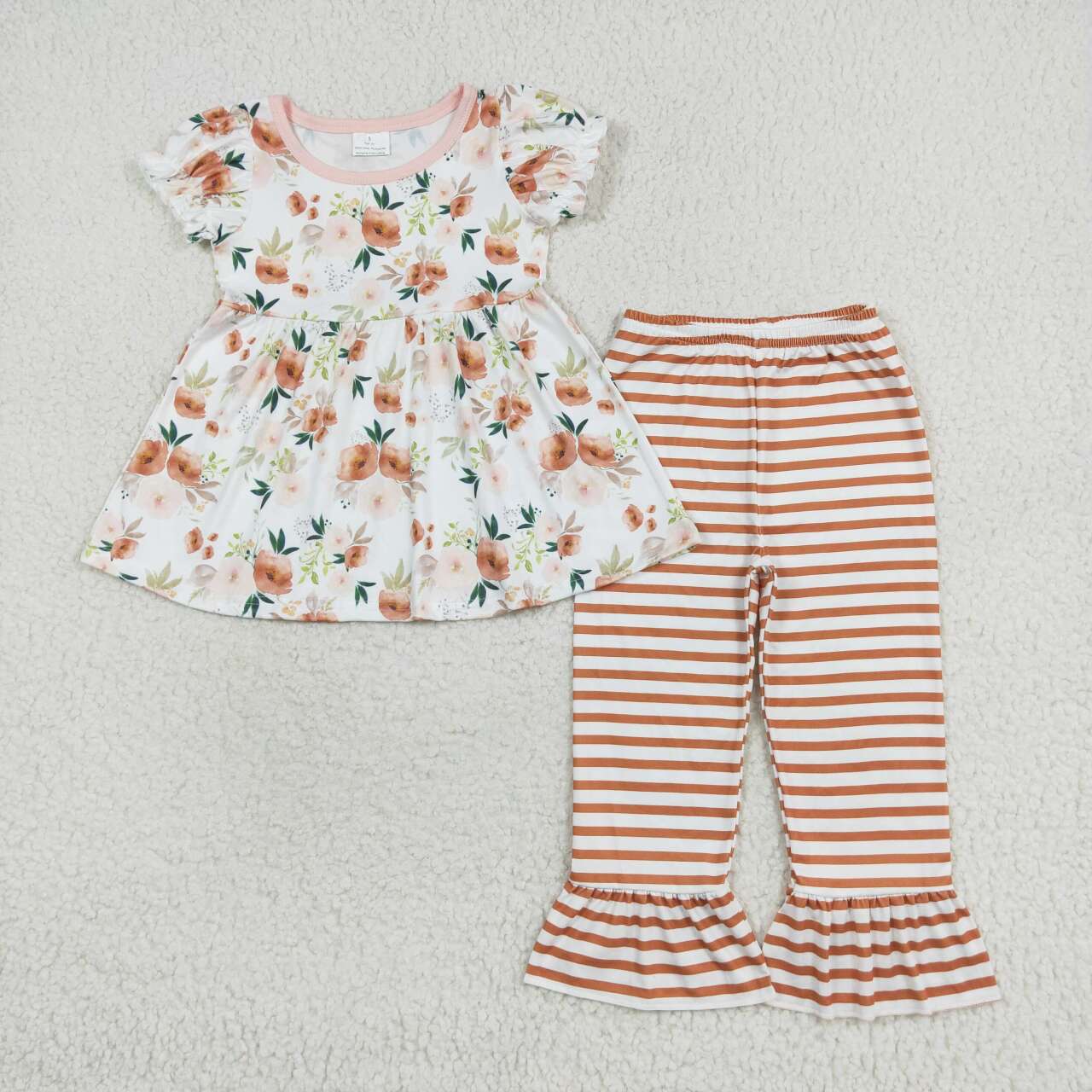 GSPO1570 Flowers Top Stripes Pants Girls Clothes Set