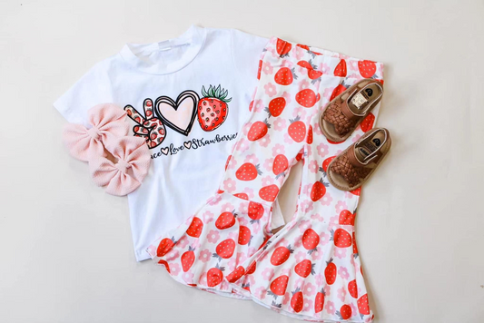 (Pre-order)GSPO1572 Strawberry Flowers Print Girls Clothes Set