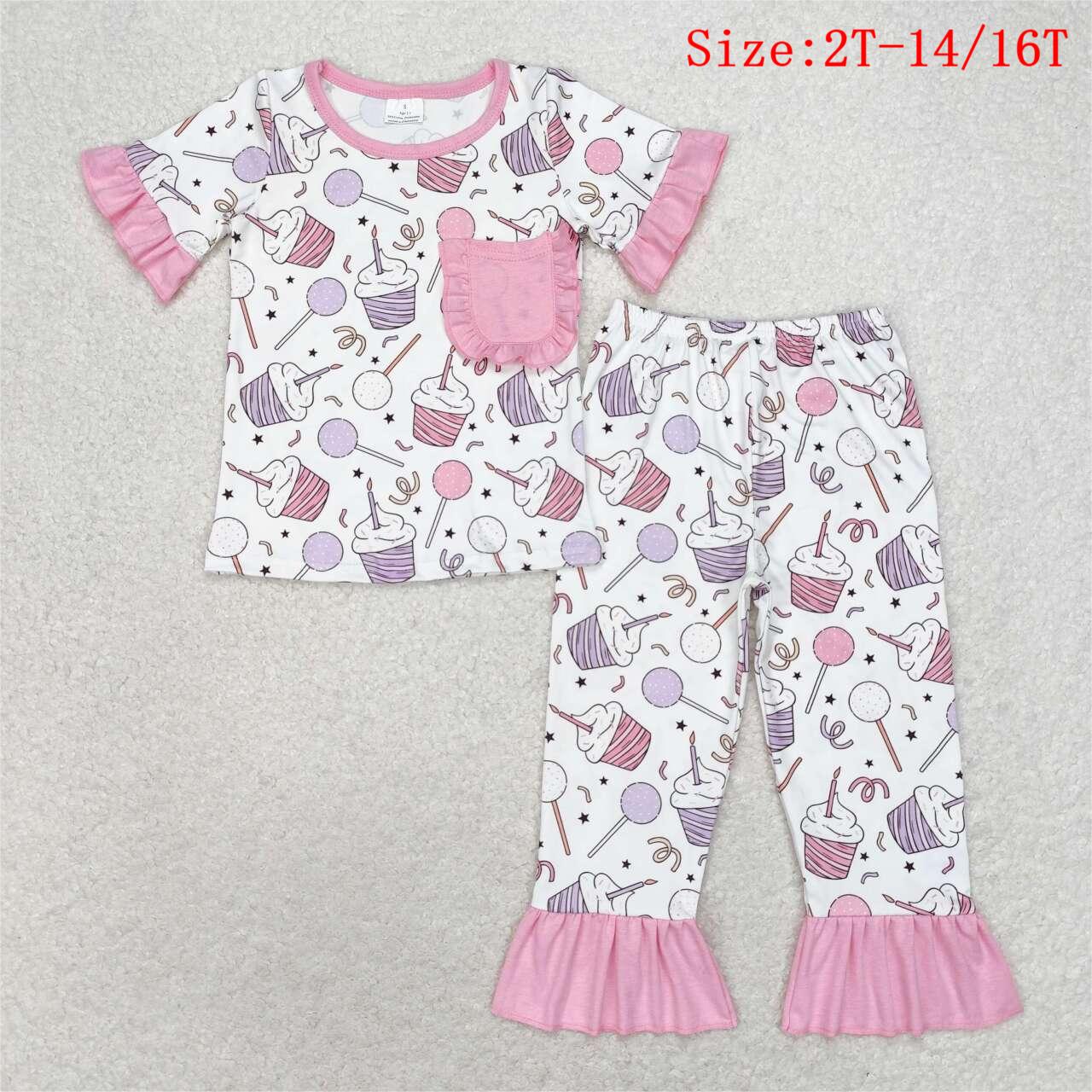 GSPO1575 Cake Lollipop Print Girls Birthday Pajamas Clothes Set