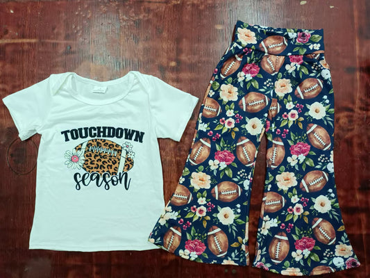 (Custom Design Preorder MOQ 5)  Touch Down Season Football Flowers Bell Pants Girls Clothes Set