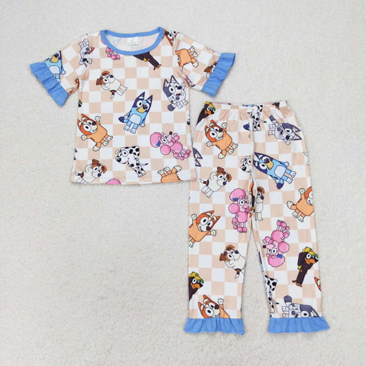 GSPO1581 Cartoon Dog Plaid Print Girls Pajamas Clothes Set