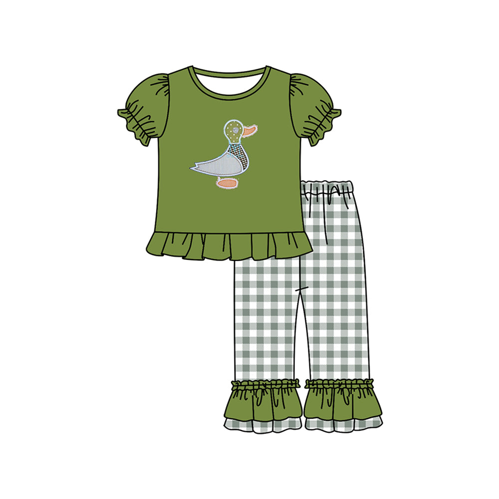 (Pre-order)GSPO1585 Duck Green Top Plaid Pants Girls Clothes Set