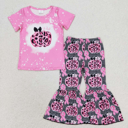 GSPO1592 Pink Leopard Pumpkin Print Bell Pants Girls Fall  Clothes Set