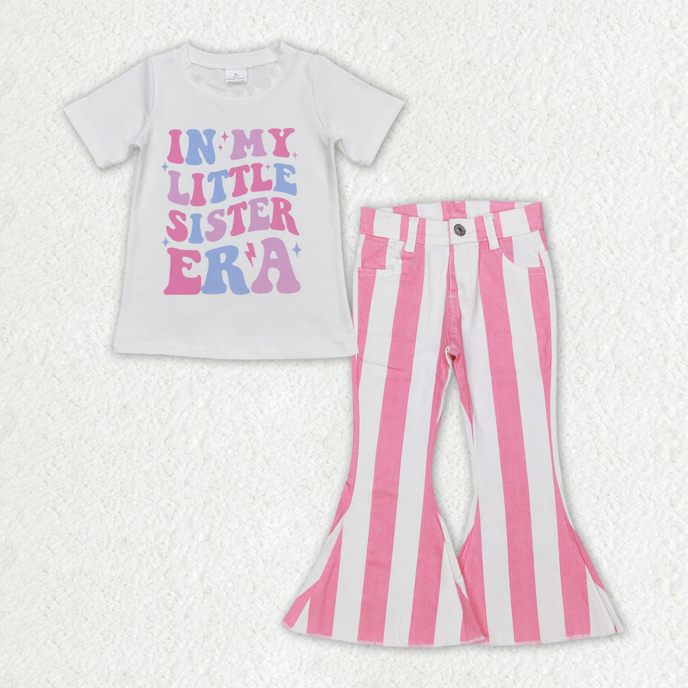 GSPO1595 In My Little Sister ERA Top Pink Stripes Denim Bell Jeans Girls Clothes Set