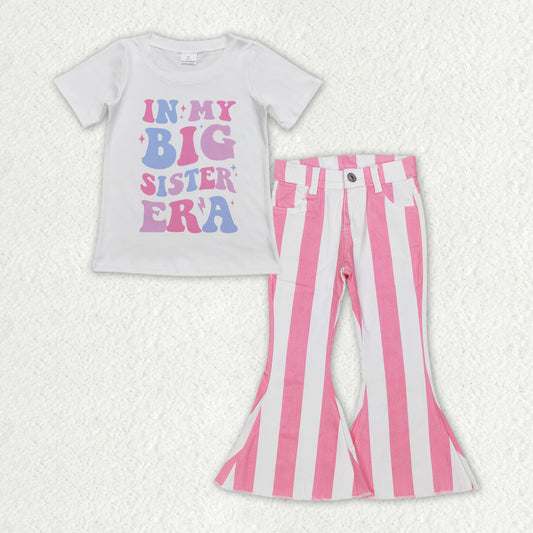 GSPO1596 In My Big Sister ERA Top Pink Stripes Denim Bell Jeans Girls Clothes Set