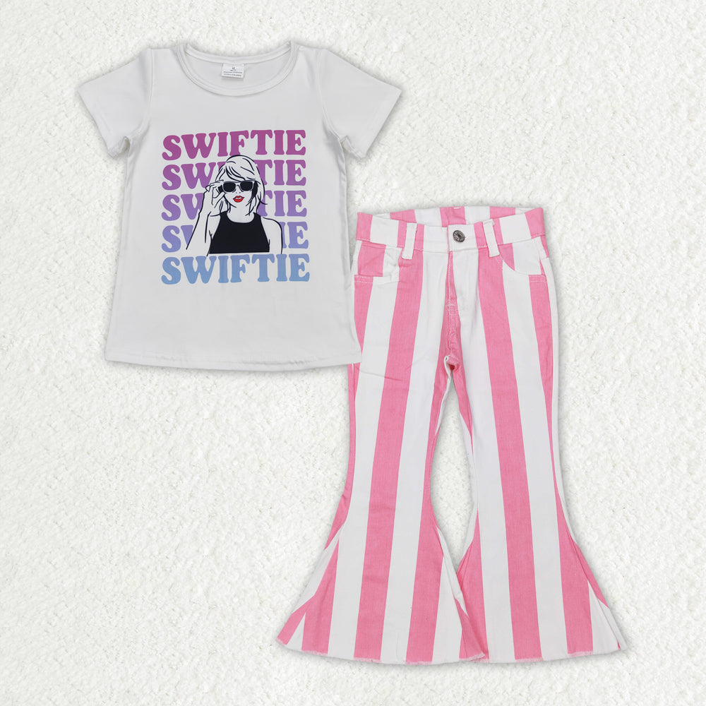 GSPO1597 Singer Swiftie Top Pink Stripes Denim Bell Jeans Girls Clothes Set