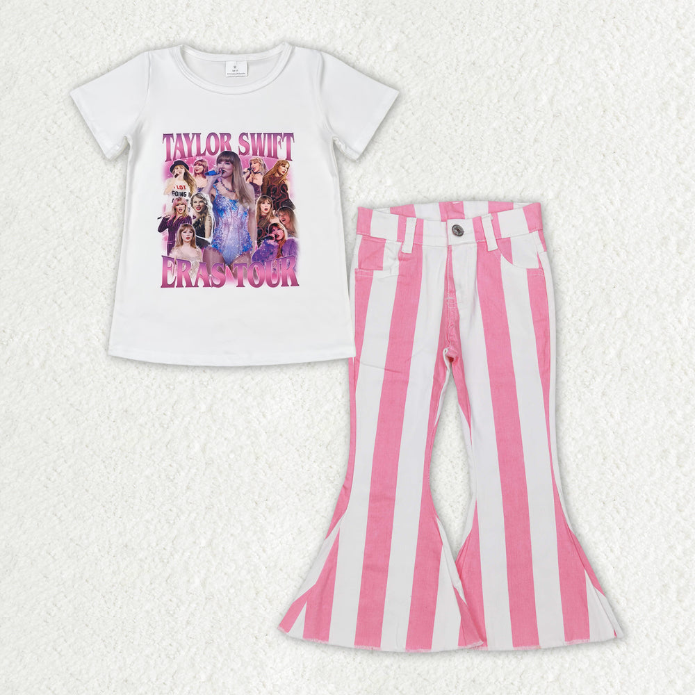 GSPO1598 Singer Swiftie White Top Pink Stripes Denim Bell Jeans Girls Clothes Set