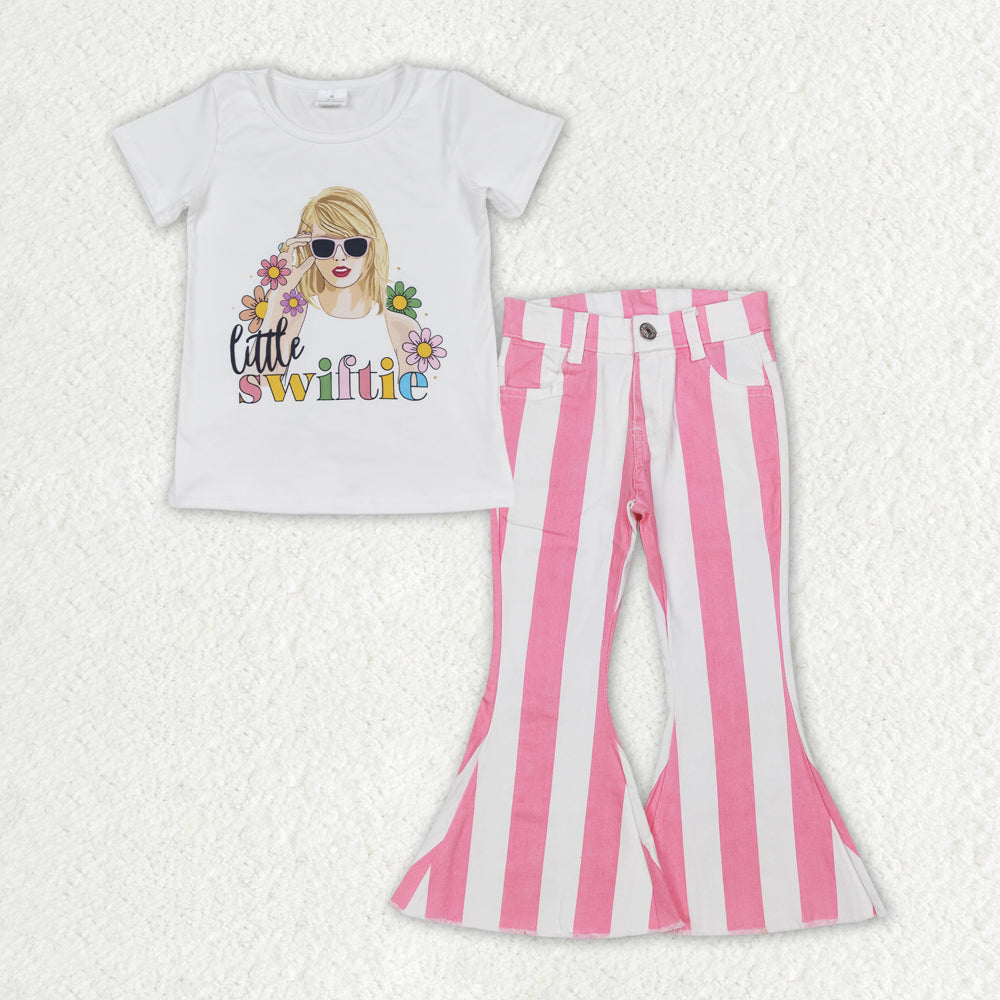 GSPO1599 Singer Swiftie Flowers Top Pink Stripes Denim Bell Jeans Girls Clothes Set