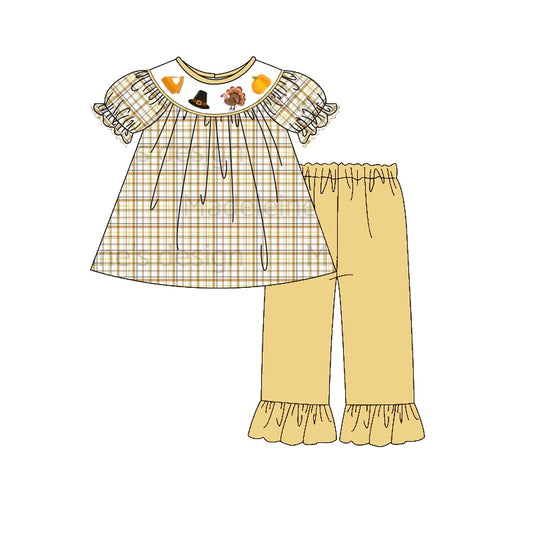 (Pre-order)GSPO1605 Thanksgiving Turkey Plaid Tunic Top Yellow Pants Girls Fall Clothes Set