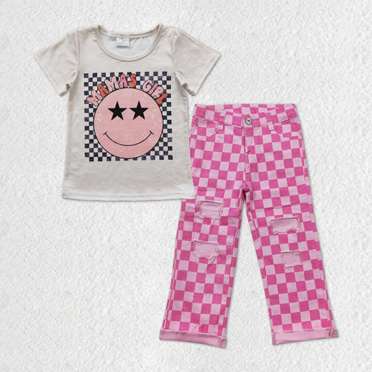 GSPO1606 MAMA'S GIRL Top Pink Plaid Denim Hole Jeans Girls Clothes Set