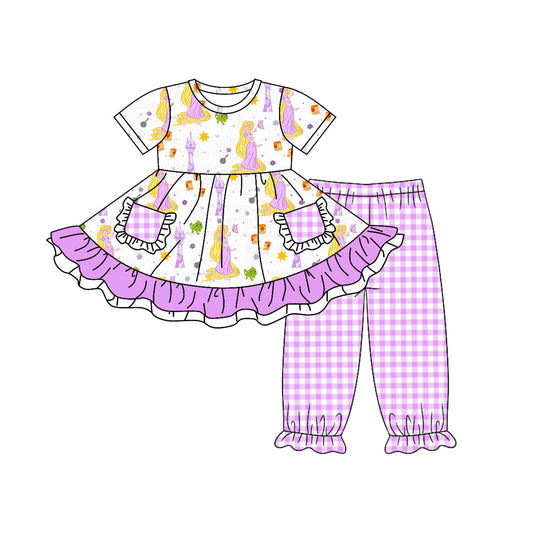 (Pre-order)GSPO1612 Cartoon Princess Frog Pockets Tunic Top Plaid Pants Girls Clothes Set