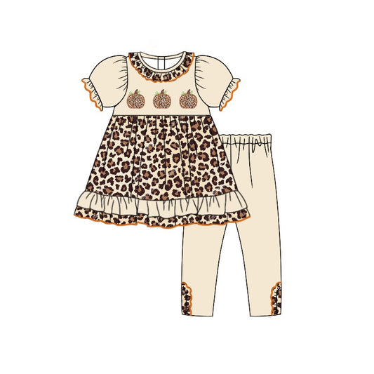 (Custom Design Preorder MOQ 5) Pumpkin Leopard Tunic Top Legging Pants Girls Fall Clothes Set