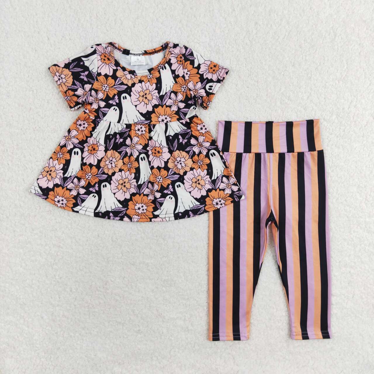 GSPO1617 Ghost Flowers Tunic Top Stripes Pants Girls Halloween Clothes Set