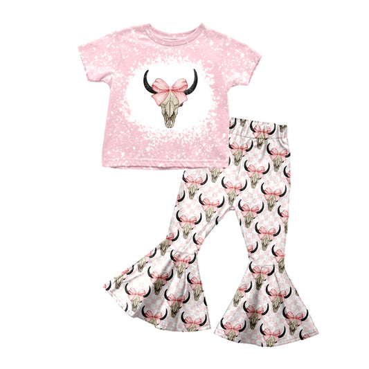 (Pre-order)GSPO1619 Cow Skull Bows Print Bell Pants Girls Clothes Set