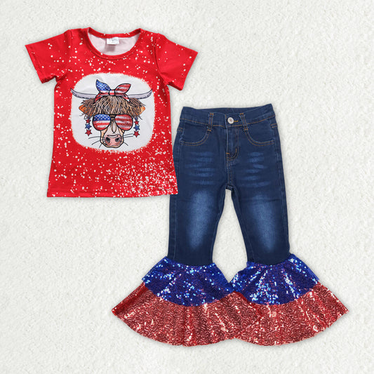 GSPO1621 Highland Cow Top Blue Denim Sequin Ruffles Bell Bottom Jeans 4th of July Girls Clothes Set