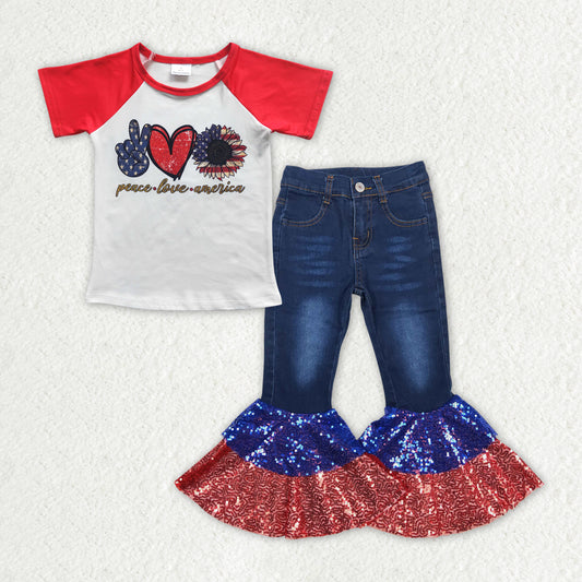 GSPO1622 Peace Love America Top Blue Denim Sequin Ruffles Bell Bottom Jeans 4th of July Girls Clothes Set