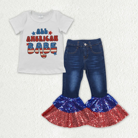 GSPO1623 All American Babe Top Blue Denim Sequin Ruffles Bell Bottom Jeans 4th of July Girls Clothes Set