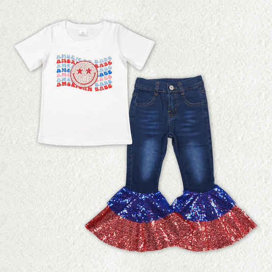 GSPO1624 AMERICAN BABE Smiling Face Top Blue Denim Sequin Ruffles Bell Bottom Jeans 4th of July Girls Clothes Set
