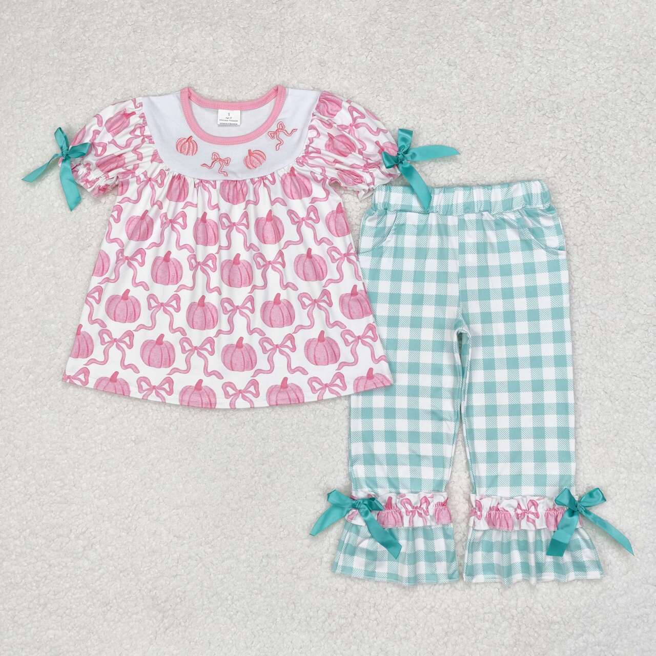 GSPO1627 Pumpkin Pink Bows Embroidery Tunic Top Plaid Pants Girls Fall Clothes Set