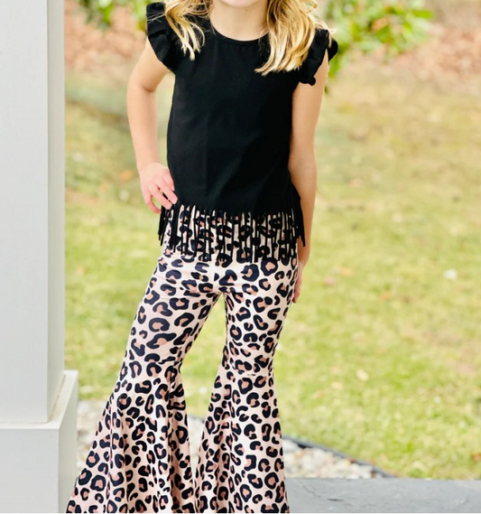 (Pre-order)GSPO1638 Black Top Leopard Bell Pants Girls Clothes Set