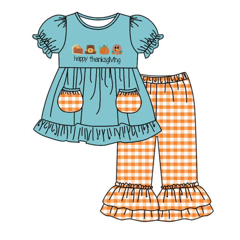 (Pre-order)GSPO1644 Turkey Pumpkin Pockets Tunic Top Plaid Pants Girls Thanksgiving Clothes Set