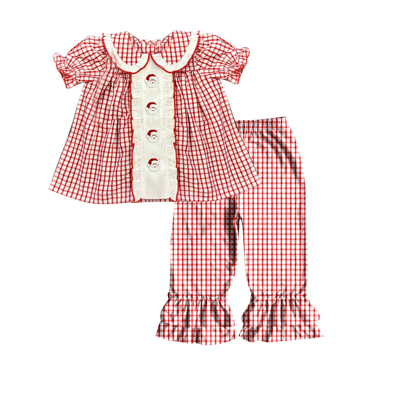 (Custom Design Preorder MOQ 5)  Santa Plaid Tunic Top Ruffle Pants Girls Christmas Clothes Set