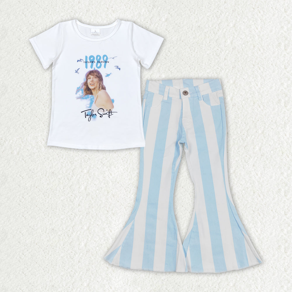 GSPO1655 Singer Swiftie Top Blue Stripes Denim Bell Jeans Girls Clothes Set