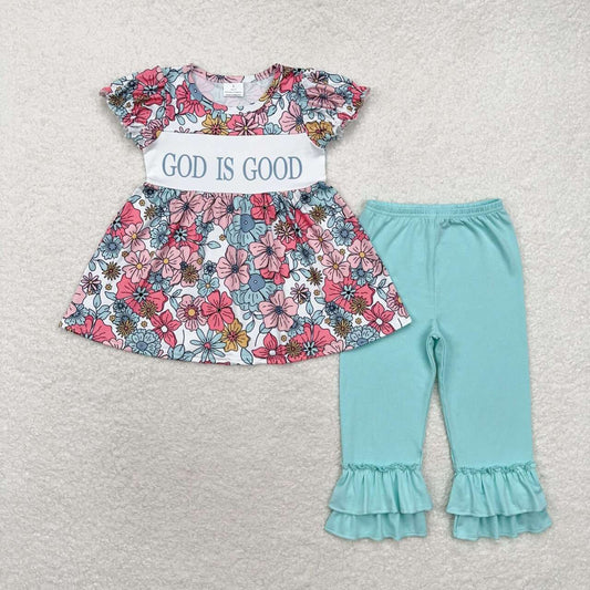 GSPO1658 GOD IS GOOD Flowers Tunic Top Blue Pants Girls Clothes Set