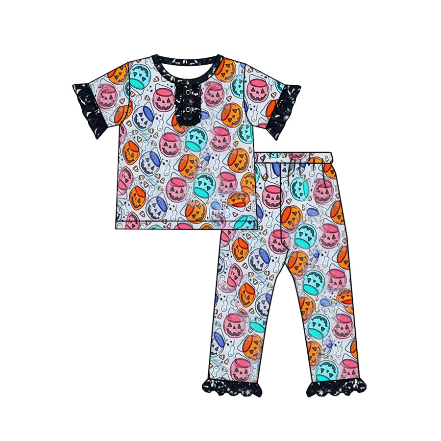 (Pre-order)GSPO1667 Pumpkin Print Girls Halloween Pajamas Clothes Set