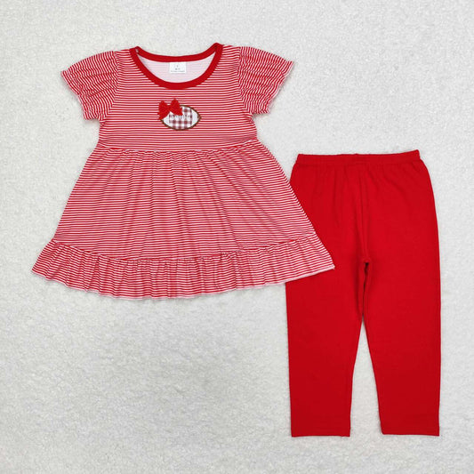 GSPO1675  Football Embroidery Stripes Tunic Top Red Pants Girls Clothes Set