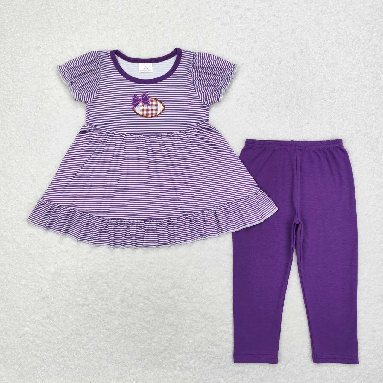 GSPO1676  Football Embroidery Stripes Tunic Top Purple Pants Girls Clothes Set