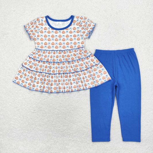 GSPO1678 Pumpkin Bows Tunic Top Blue Pants Girls Fall Clothes Set