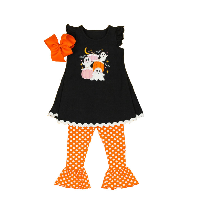 (Pre-order)GSPO1680 Ghost Pumpkin Top Orange Pants Girls Halloween Clothes Set