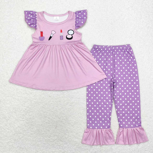 GSPO1682 Lavender Lipstick Tunic Top Dots Pants Girls Clothes Set