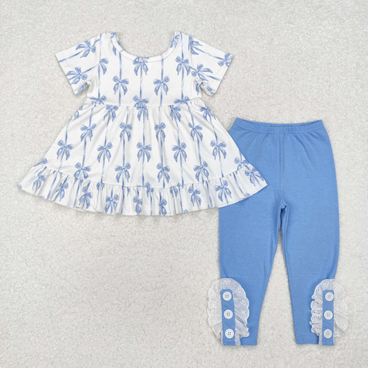 GSPO1688 Bows Tunic Top Blue Pants Girls Fall Clothes Set