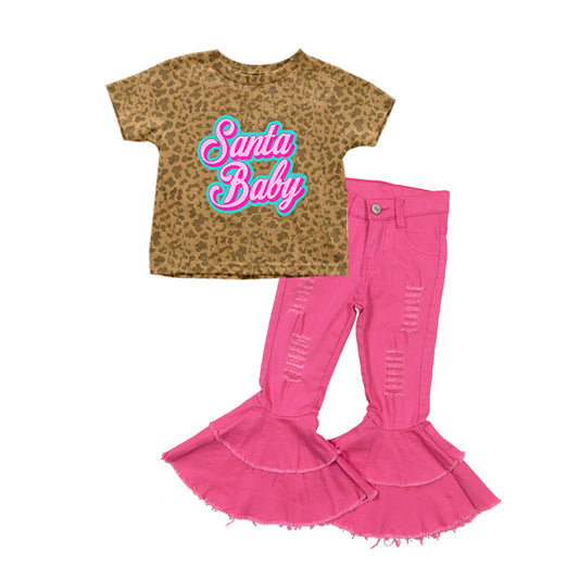 (Pre-order) GSPO1693 Santa Baby Leopard Top Pink Denim Bell Jeans Girls Christmas Clothes Set