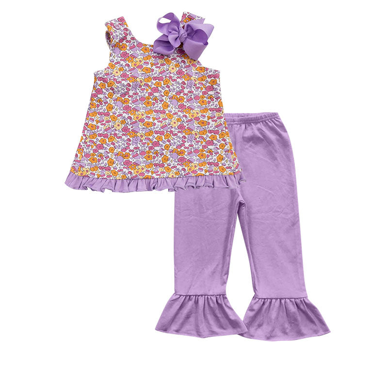 (Pre-order)GSPO1695 Flowers Top Purple Pants Girls Clothes Set