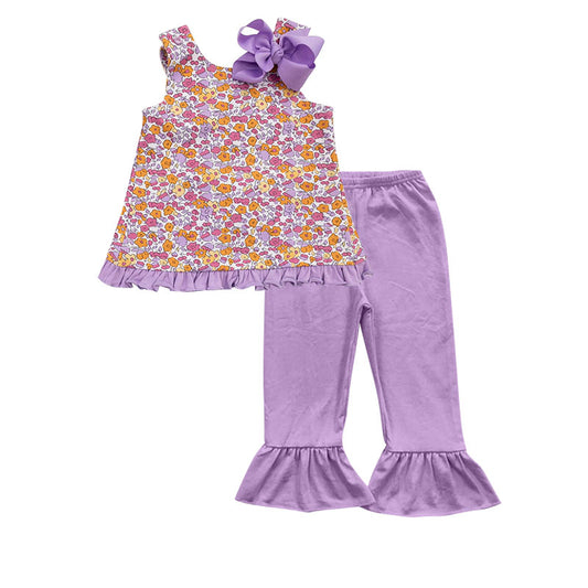 (Pre-order)GSPO1695 Flowers Top Purple Pants Girls Clothes Set